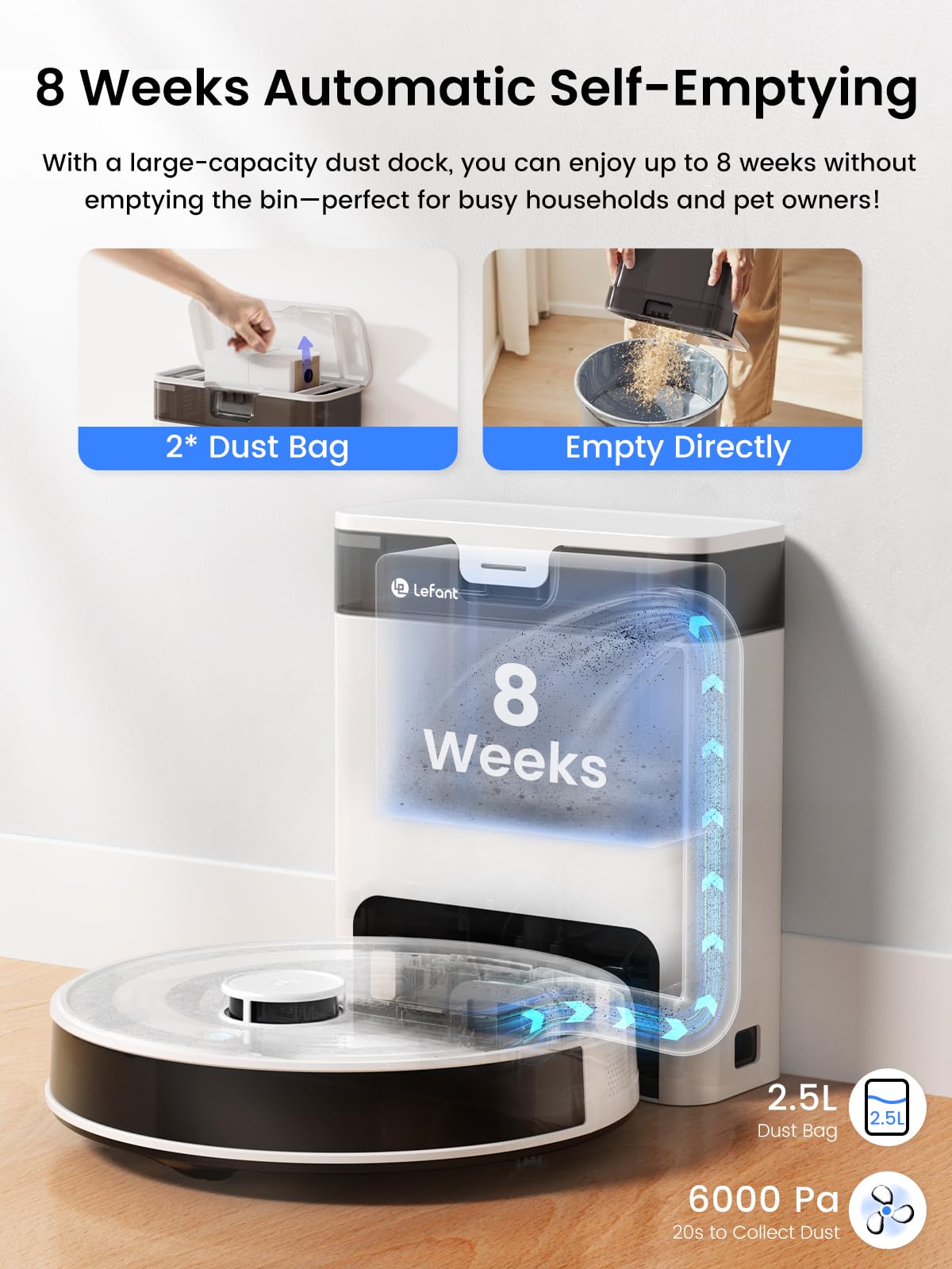 Lefant Robot Vacuum and Mop Combo, 8 Weeks Self-Emptying with Dual Dustbin Options, 6000Pa LiDAR Robotic Vacuum Cleaner with Precision Mapping, 240mins, Carpet Detection, WiFi/App/Alexa, M2S Pro