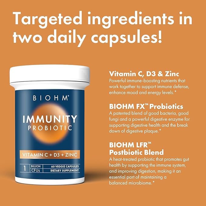 BIOHM Immunity Probiotic with Vitamin C, D3 & Zinc, 1 Billion CFU (60 Capsules) Daily Probiotics for Women & Men, Digestive Health & Immune Support, Vegan, Gluten-Free and Non-GMO
