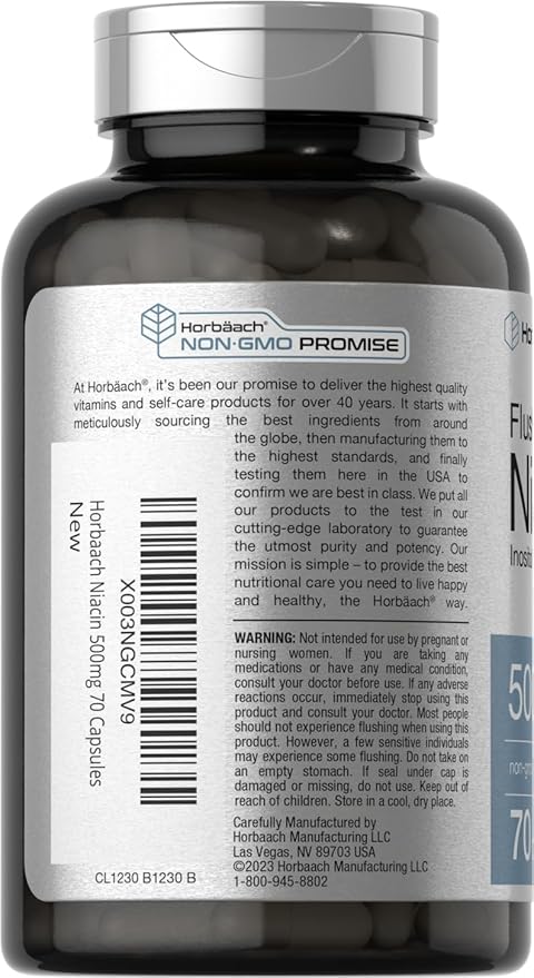Horbaach Niacin 500mg | 70 Capsules | Flush Free Supplement | as Inositol Hexanicotinate | Non-GMO and Gluten Free
