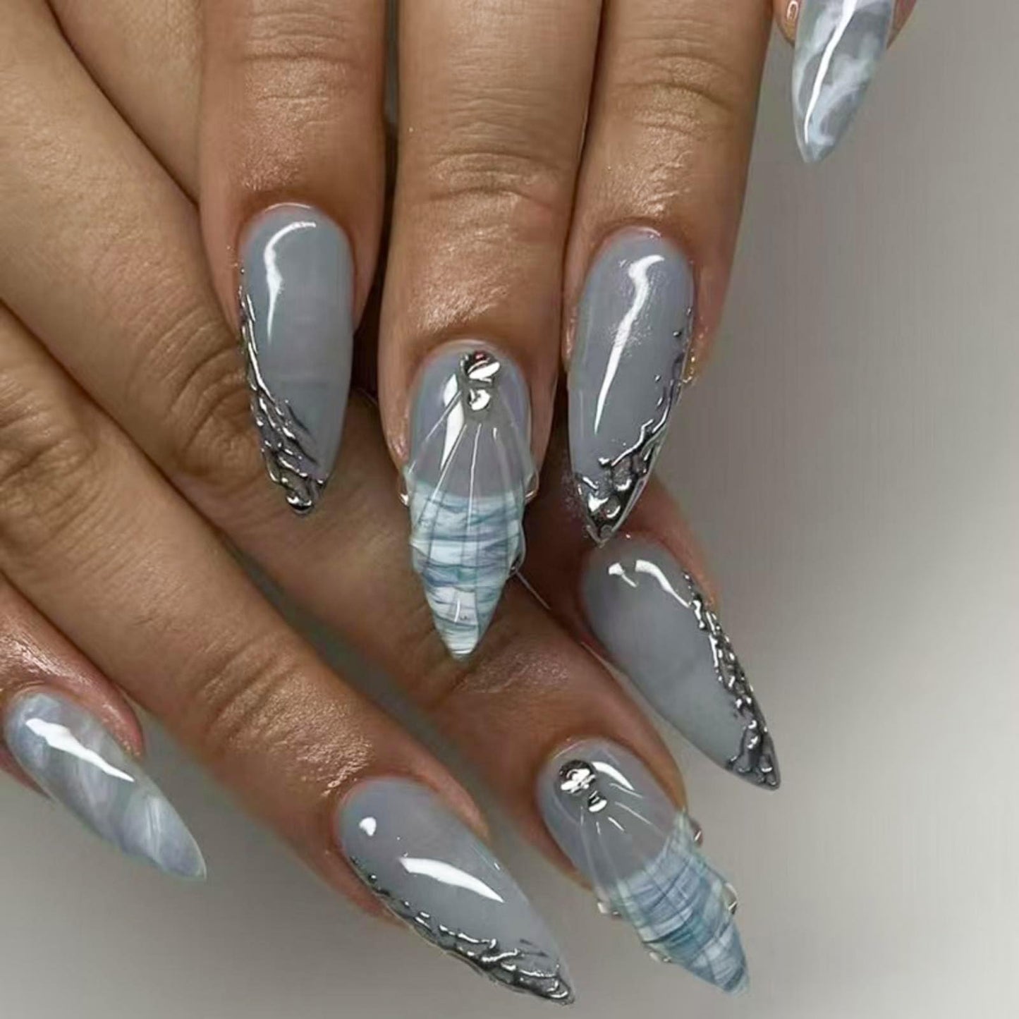 Blue Ombre Press on Nails French Tip Fake Nails Medium Almond False Nails with Rhinestone Design Glossy Glue on Nails Artificial Acrylic Nail 3D Line Stick on Nails for Women Girls Manicure 24Pcs