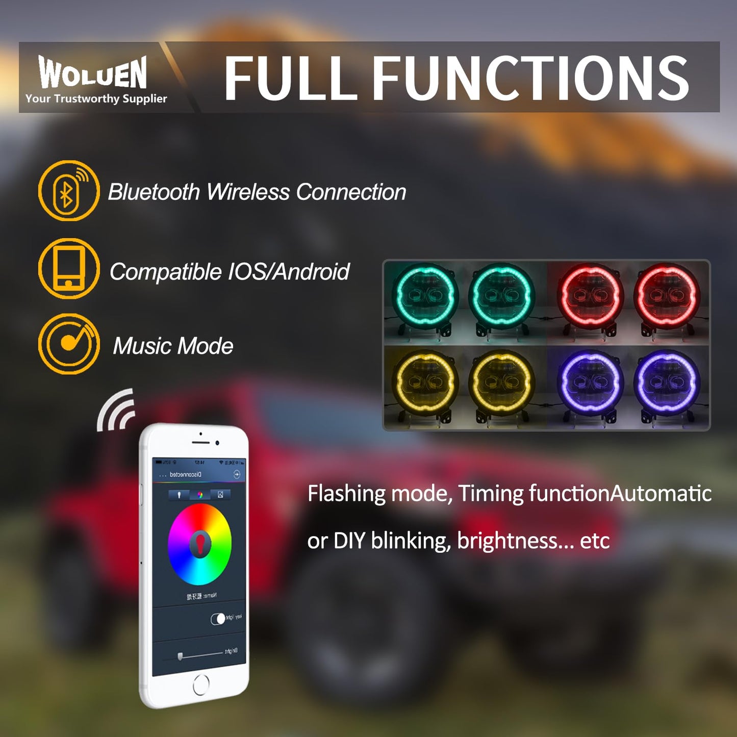 Woluen 9 Inch LED Headlights with Chasing RGB Halos - Fit for 2018+ Wrangler JL and 2020+ Gladiator JT Headlight Replacement with APP Controlled Chasing RGB Halos