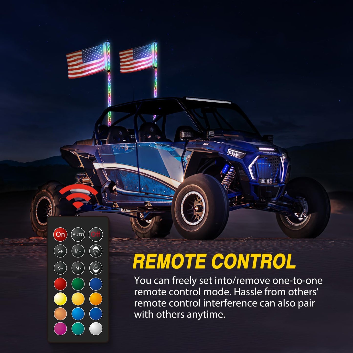 GOOACC 2 PCS 4FT LED Whip Light with Spring Base Spiral RGB Chasing RF Remote Lighted Whips w/Rocker Switch LED Antenna for UTV ATV Truck Sand Rail Buggy Dune RZR Can-am