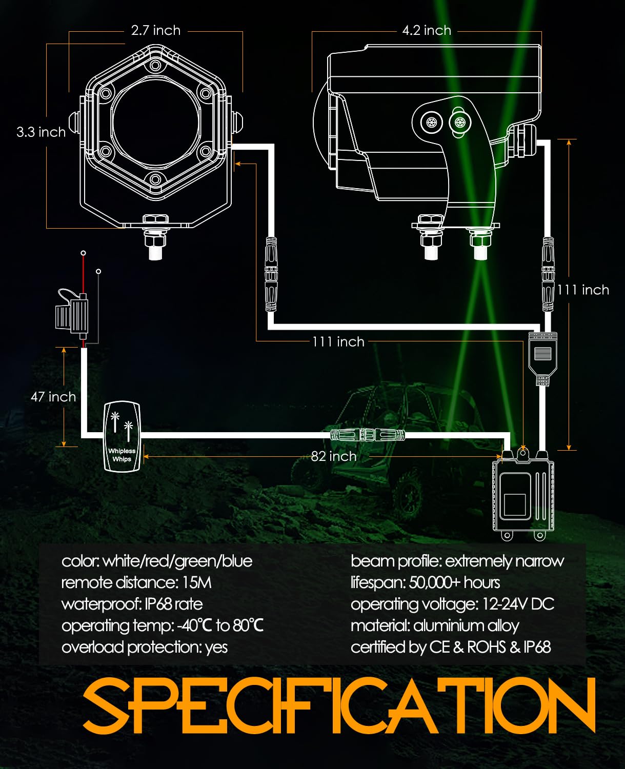 Nirider Whipless Whip Lights with Switch & Remote Whipless Pods RGB Chase Light Antenna LED Light Whips for SXS, UTV, ATV, RZR, Can Am, Dune Buggy, Truck, Boat - 2PCS Red Green Blue White