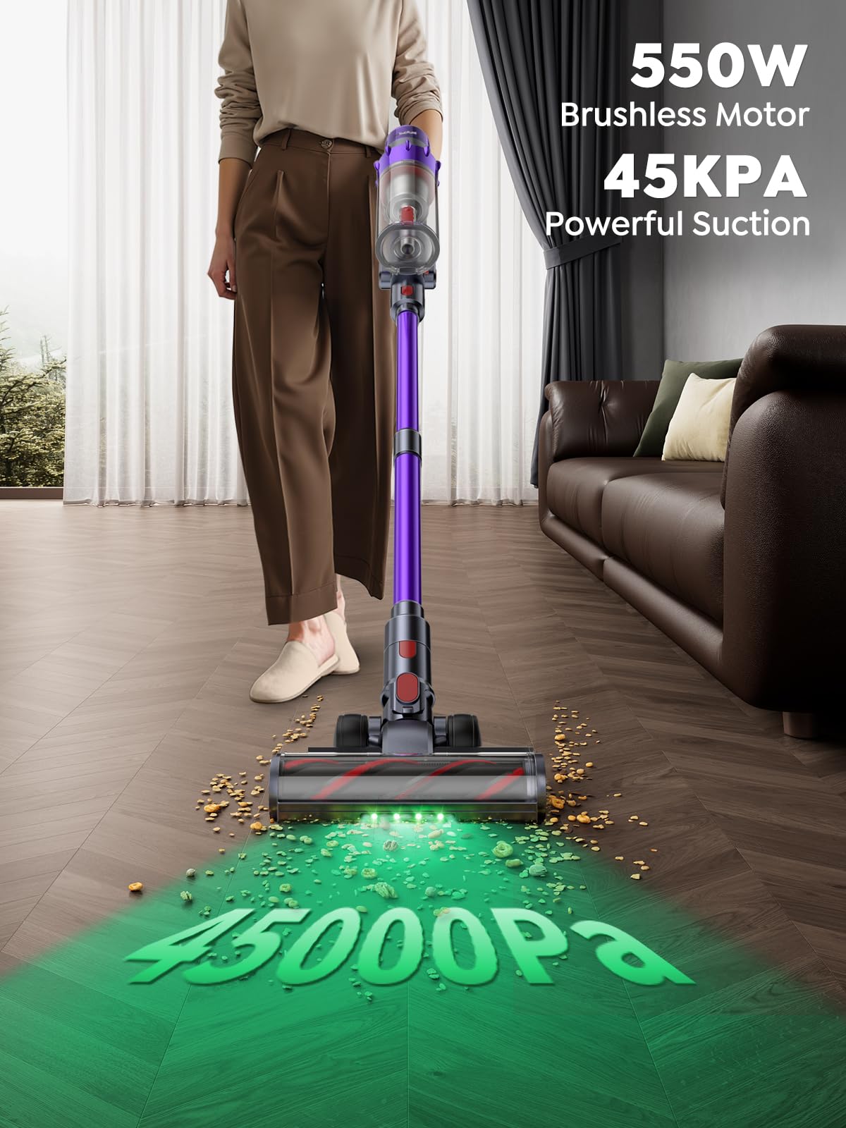 Cordless Vacuum Cleaner, 550W 45KPA 60 Mins Runtime Vacuum Cleaners for Home, Stick Vacuum with Self-Standing, Wall Mount Charging and Intelligent Auto Mode, Handheld Vacuum for Pet Hair/Carpet/Floor