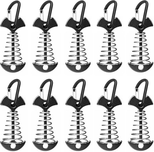 Fishbone Deck Anchor Pegs with Carabiners, Aluminium Deck Tent Stakes with Spring Buckle Aluminium Deck Windproof Tent Stakes for Outdoor Camping Hiking (10Pcs Black)