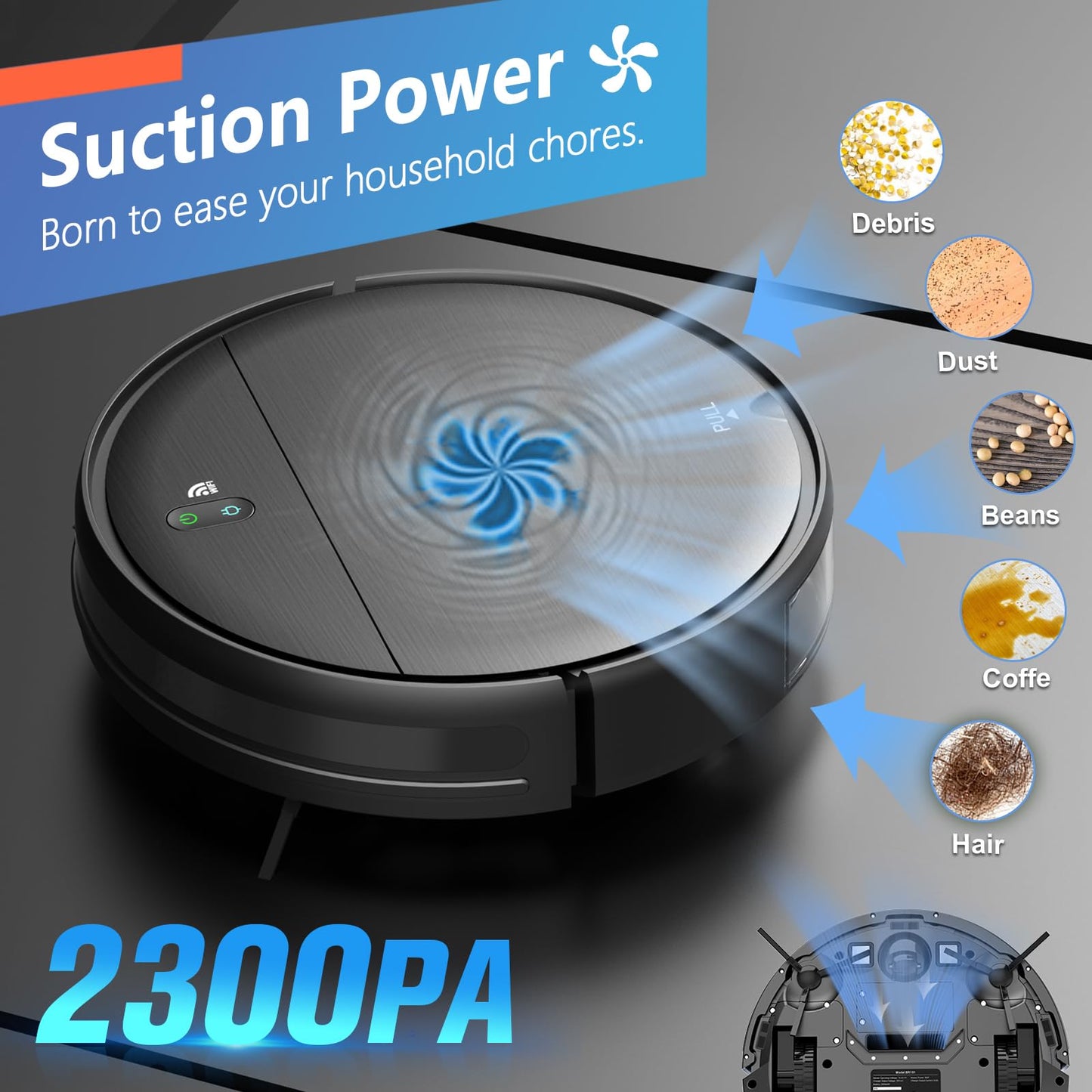Robot Vacuum and Mop, 2 in 1 Robotic Vacuum Cleaner with Schedule, App/Voice, Slim Mopping Vacuum Robot with Watertank and Dustbin, Self-Charging, Easy of Use, Ideal for Hard Floor, Pet Hair, Carpet