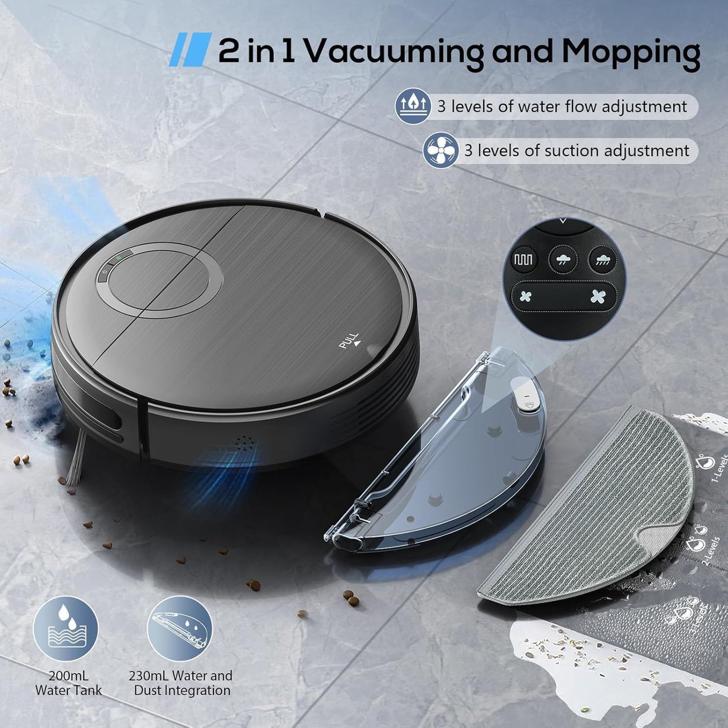 Robot Vacuum and Mop Combo, 2 in 1 Mopping Robot Vacuum Cleaner with Schedule, Wi-Fi/App/Remote, 2000Pa Max Suction, Self-Charging Robotic Vacuum, Slim, Ideal for Hard Floor, Pet Hair, Low-Pile Carpet
