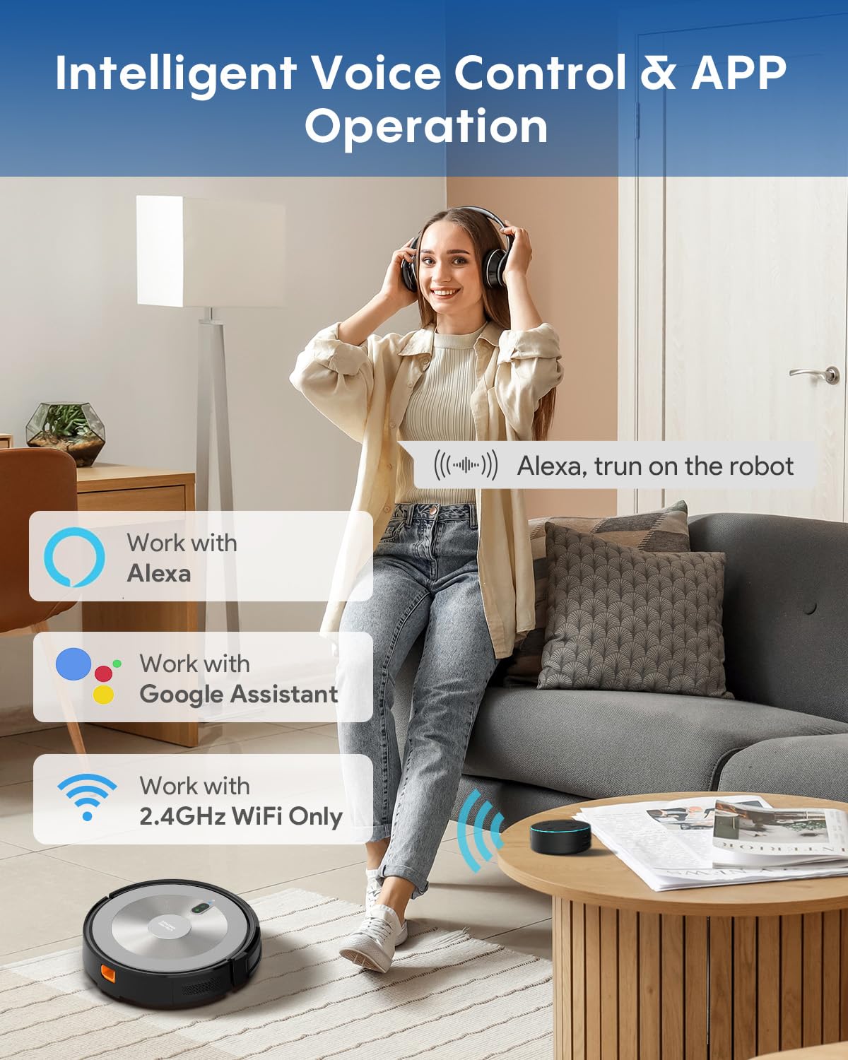 AZQQ Robot Vacuum and Mop - Robotic Vacuums Cleaner 3000 Pa Strong Suction, Smart Efficient Navigation, Automatic Recharge, Anti-Fall, 6 Cleaning Modes, Pet Hair Removal, App/Alexa/Voice Control