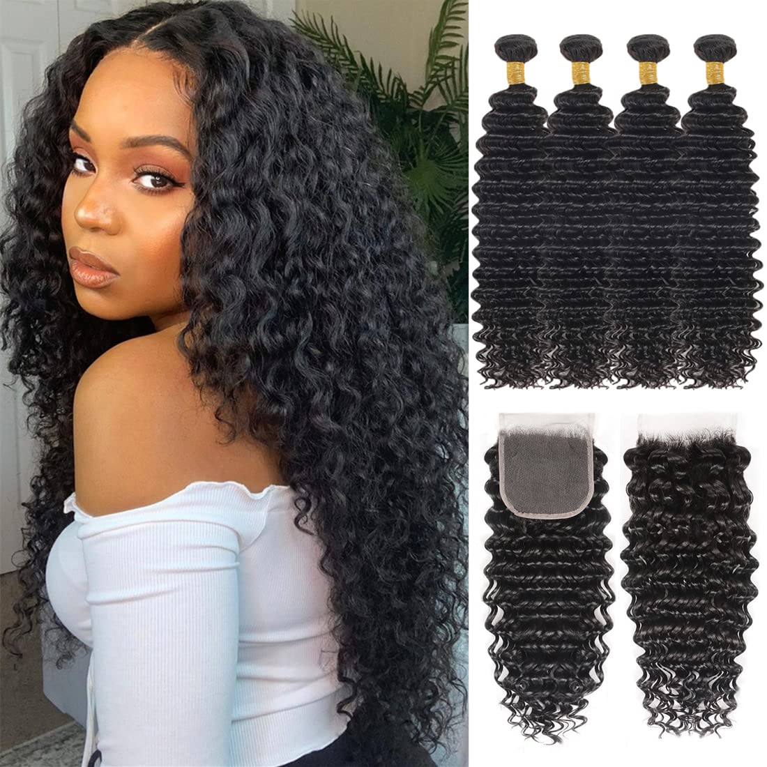 Brazilian Deep Wave 4 Bundles With Closure (18 20 22 24+16 Closure) Free Part Natural Color Deep Curly Bundles With 4X4 Lace Clo
