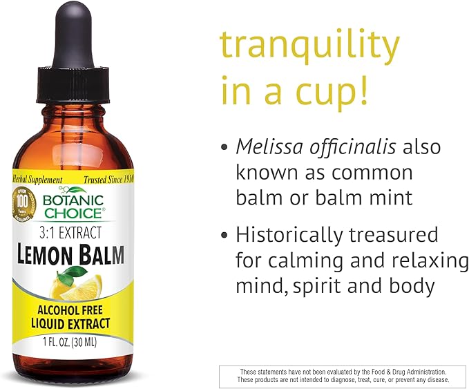 Botanic Choice Lemon Balm Liquid Extract, Alcohol Free, Gluten Free-Traditional Support for Tranquility-Fast Acting 1 Fluid Oz