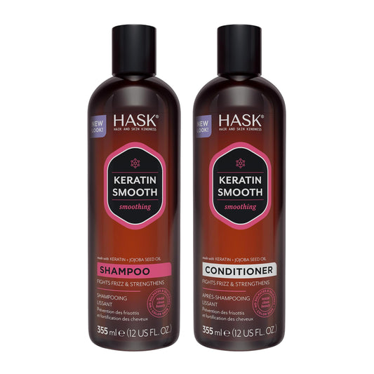 HASK Keratin Smoothing Shampoo + Conditioner Set for All Hair Types, Color Safe, Gluten-Free, Sulfate-Free, Paraben-Free, Cruelty-Free - 1 Shampoo and 1 Conditioner