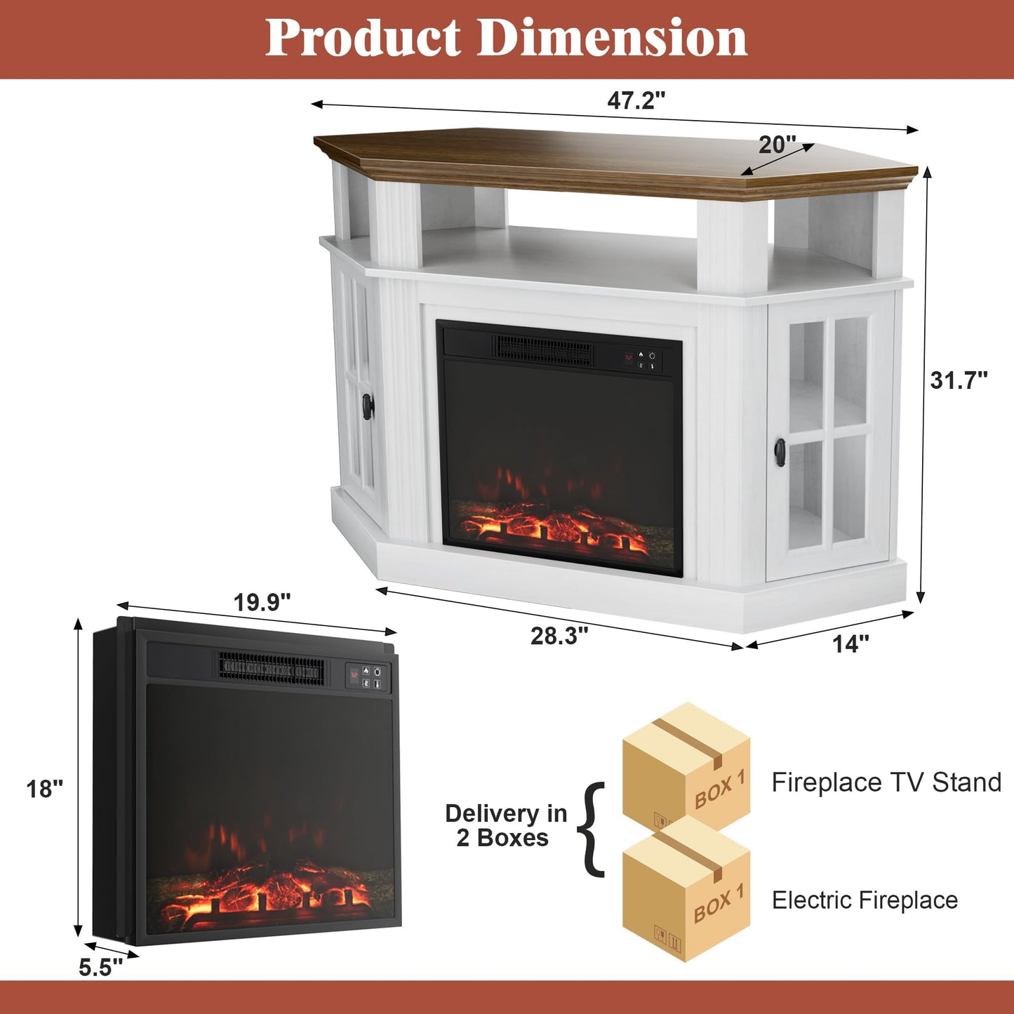 Furmax Fireplace Corner TV Stand for TV Up to 55 Inch, Modern TV Console with 18 Inch Electric Fireplace, Entertainment Center with Open Shelf and Storage Cabinets for Living Room, Antique White