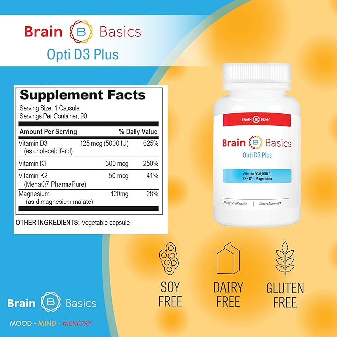 Brain Basics Opti D3 Plus | Vitamin D3 K2 5,000IU, Vitamin K1, and Magnesium | 90 Servings
