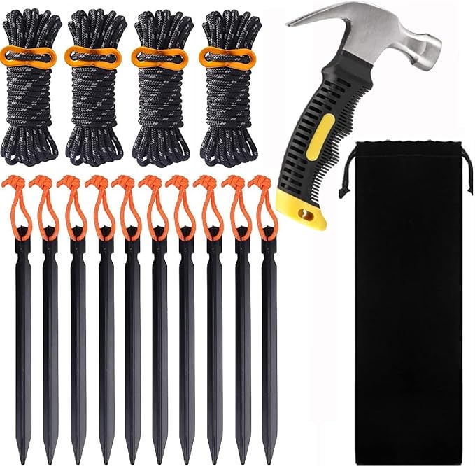 Tent Stakes Heavy Duty,Metal Tent Stakes,Aluminum Tent Pegs with Refective Tent Cords,Camping Accessories with Hammer,Yard Stakes,Groud Stakes,Stakes for Inflatables&Camping&Ground-15 Pack