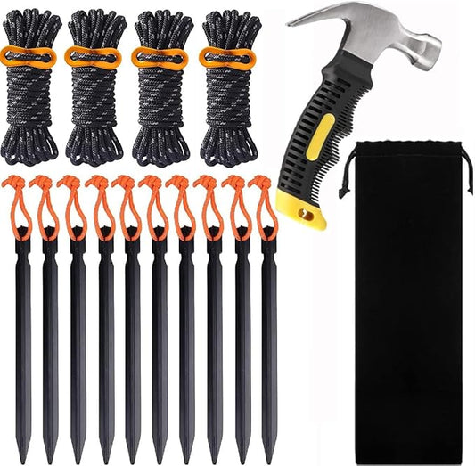 Tent Stakes Heavy Duty,Metal Tent Stakes,Aluminum Tent Pegs with Refective Tent Cords,Camping Accessories with Hammer,Yard Stakes,Groud Stakes,Stakes for Inflatables&Camping&Ground-15 Pack