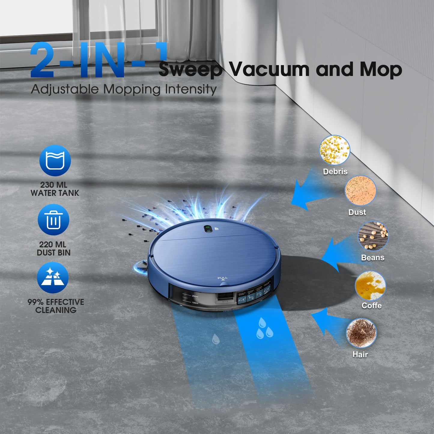 SHELIKI Robot Vacuum and Mop, 2-in-1 Robotic Vacuums Cleaner with Smart Max Strong Suction, WiFi/App/Alexa Voice Control, Obstacle Avoidance, for Pet Hair, Carpets and More - Blue