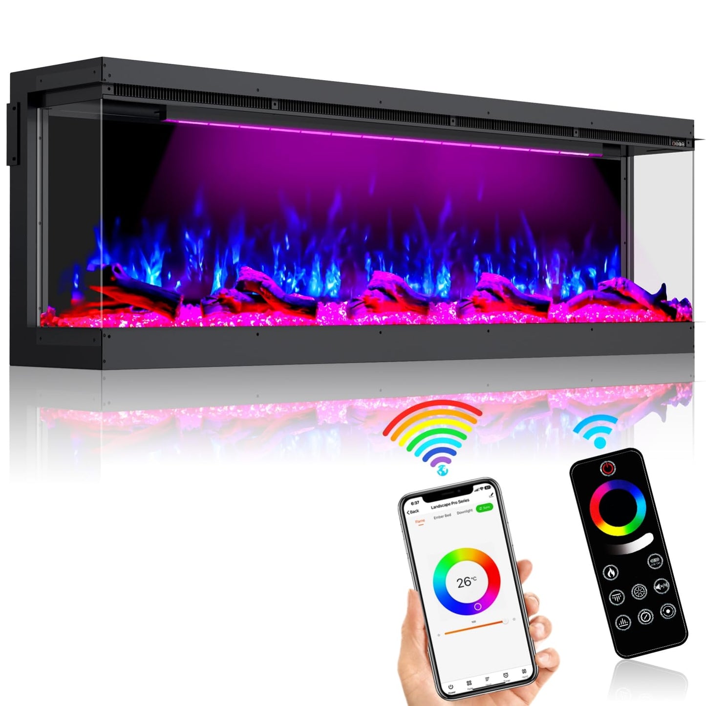 3 Sided Electric Fireplace, 60 inch Smart WiFi Fireplace Inserts, Mounted Eletric Fire Place Heater with 251 RGB LED Flame Colors, Remote Control, Log, Crystals, Black
