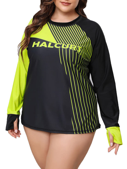 Halcurt Womens Plus Size Rash Guard Top Long Sleeve Thumb Hole Swim Shirt Neon Green Black 1X