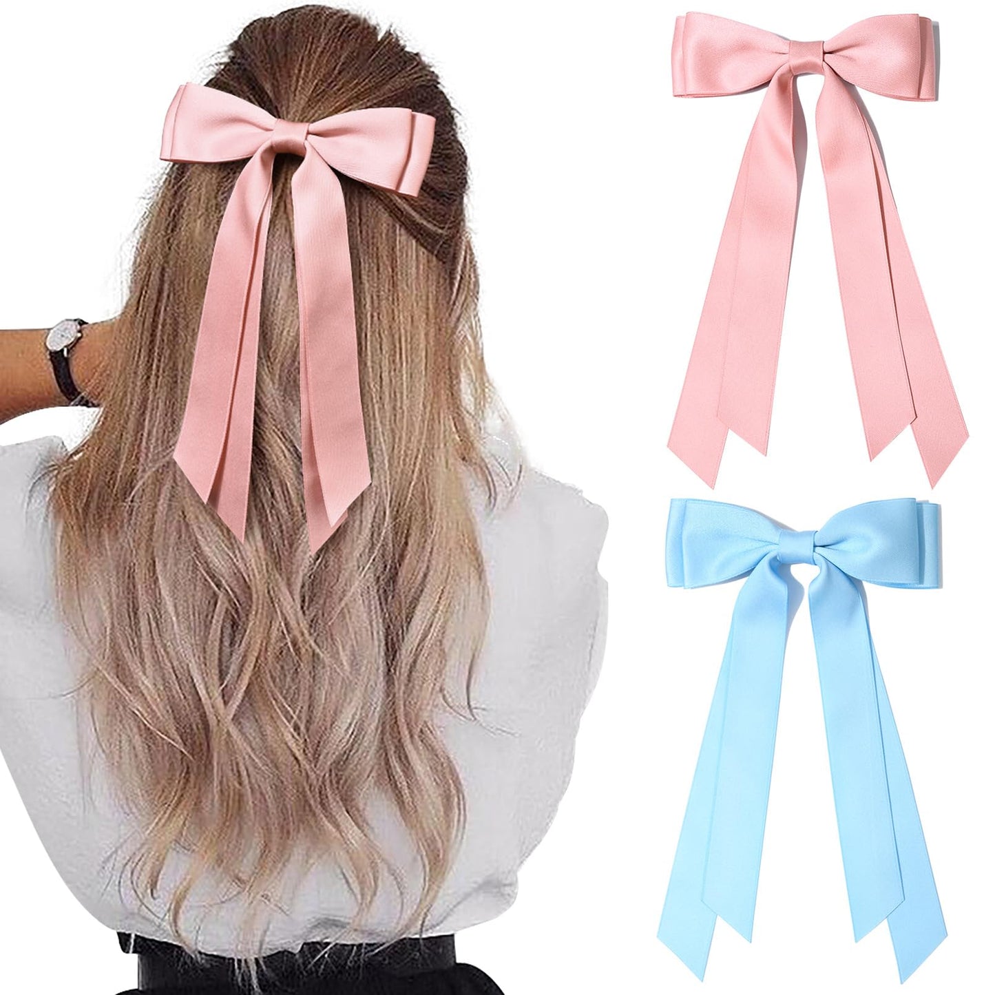 2PCS Silky Satin Hair Bows Hair Clip Pink Blue Hair Ribbon Ponytail Holder Accessories Slides Metal Clips Hair Bow for Women Girls Toddlers Teens Kids