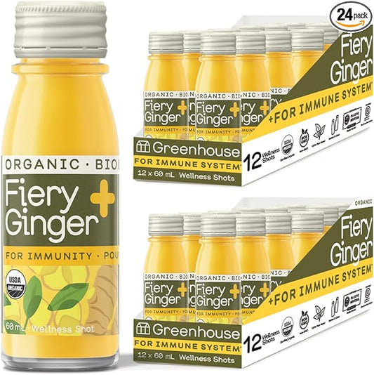 Greenhouse Juice Organic Fiery Ginger Wellness Shot, Cold Pressed with Turmeric Pepper Vitamin C Ginger Juice Immunity Shots Vegan & Gluten-Free (2 Oz, Pack of 24)