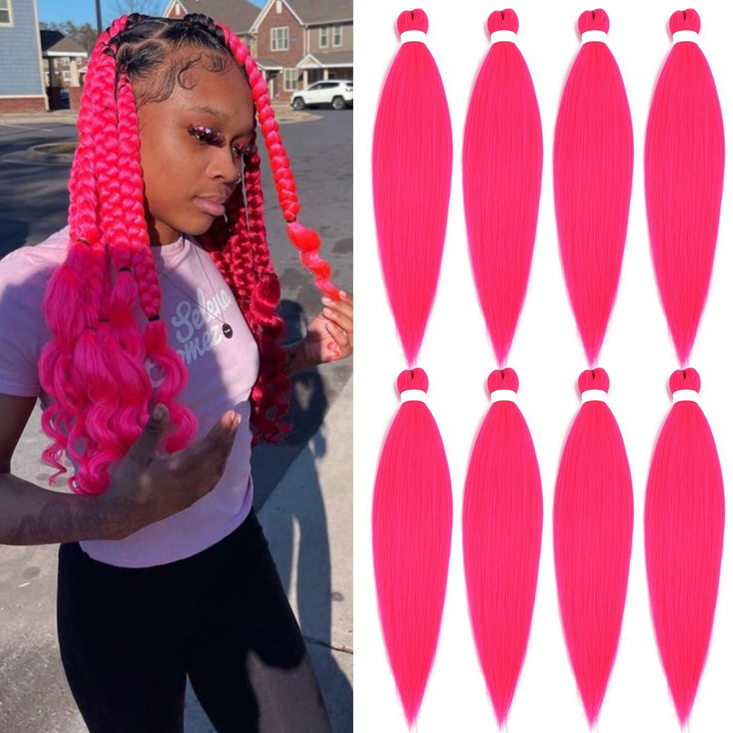 Hot Pink Braiding Hair Pre Stretched Itch Free Prestretched Braiding Hair 26 inch 8 Packs Synthetic Hair for Braiding Yaki Texture Long Crochet Twist Box Braids Micro Weave Braiding Hair Extensions