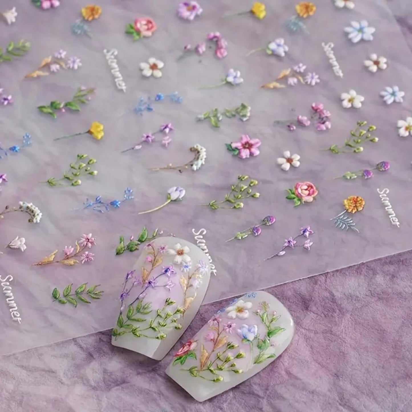 5D Embossed Flower Nail Stickers for Nail Art - Flower Nail Art Stickers Spring Summer Floral Leaf Plant Nail Decals Self-Adhesive Nail Supplies Manicure Sliders Flowers Sticker for Women Girls DIY