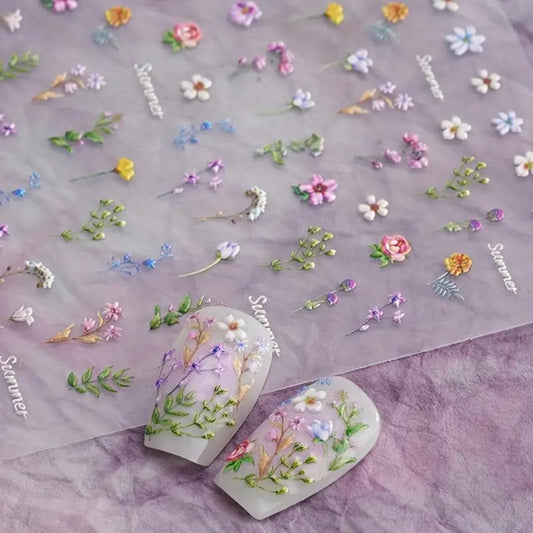 5D Embossed Flower Nail Stickers for Nail Art - Flower Nail Art Stickers Spring Summer Floral Leaf Plant Nail Decals Self-Adhesive Nail Supplies Manicure Sliders Flowers Sticker for Women Girls DIY