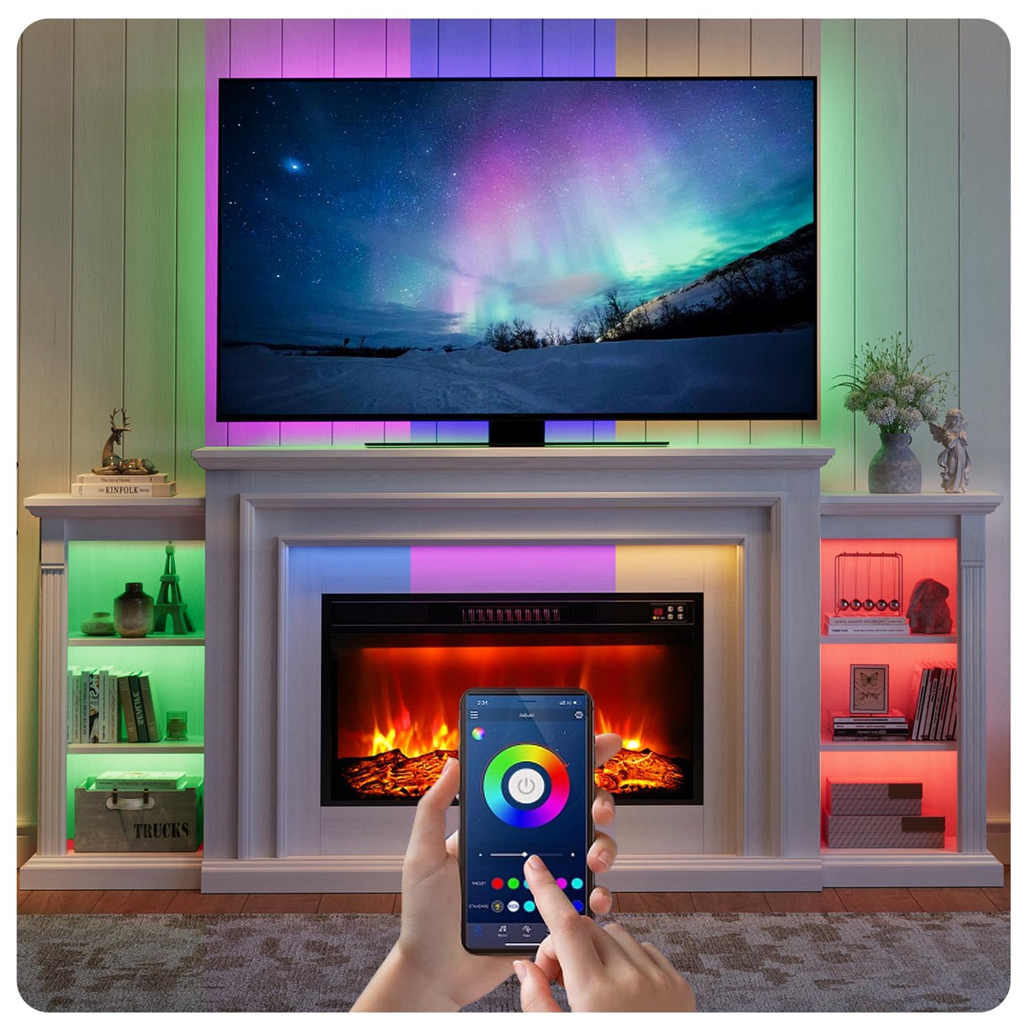 80" Electric Fireplace Entertainment Center with Mantel – Freestanding Heater TV Stand, Adjustable Flame, Remote Control, LED Light, Stylish Storage for Living Room and Bedroom, White