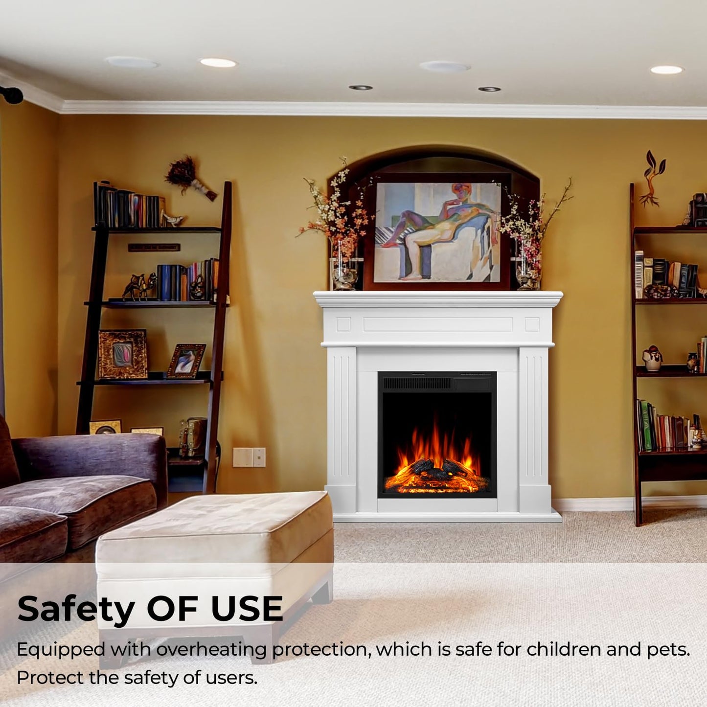 43” Electric Fireplace Mantel Freestanding Electric Fireplace, Remote Control, Adjustable Led Flame, 750W/1500w PEARLWHITE