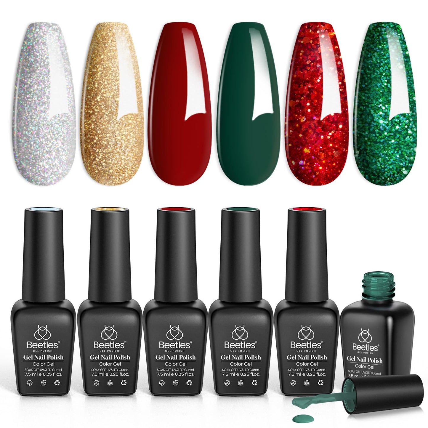 Beetles Gel Nail Polish, Red Sparkle Green Glitter Gold Silver Winter Gel Polish Dark Green Dark Red Gel Polish Kits Soak Off Nail Lamp Uv LED Cured for Nail Art Design for Women