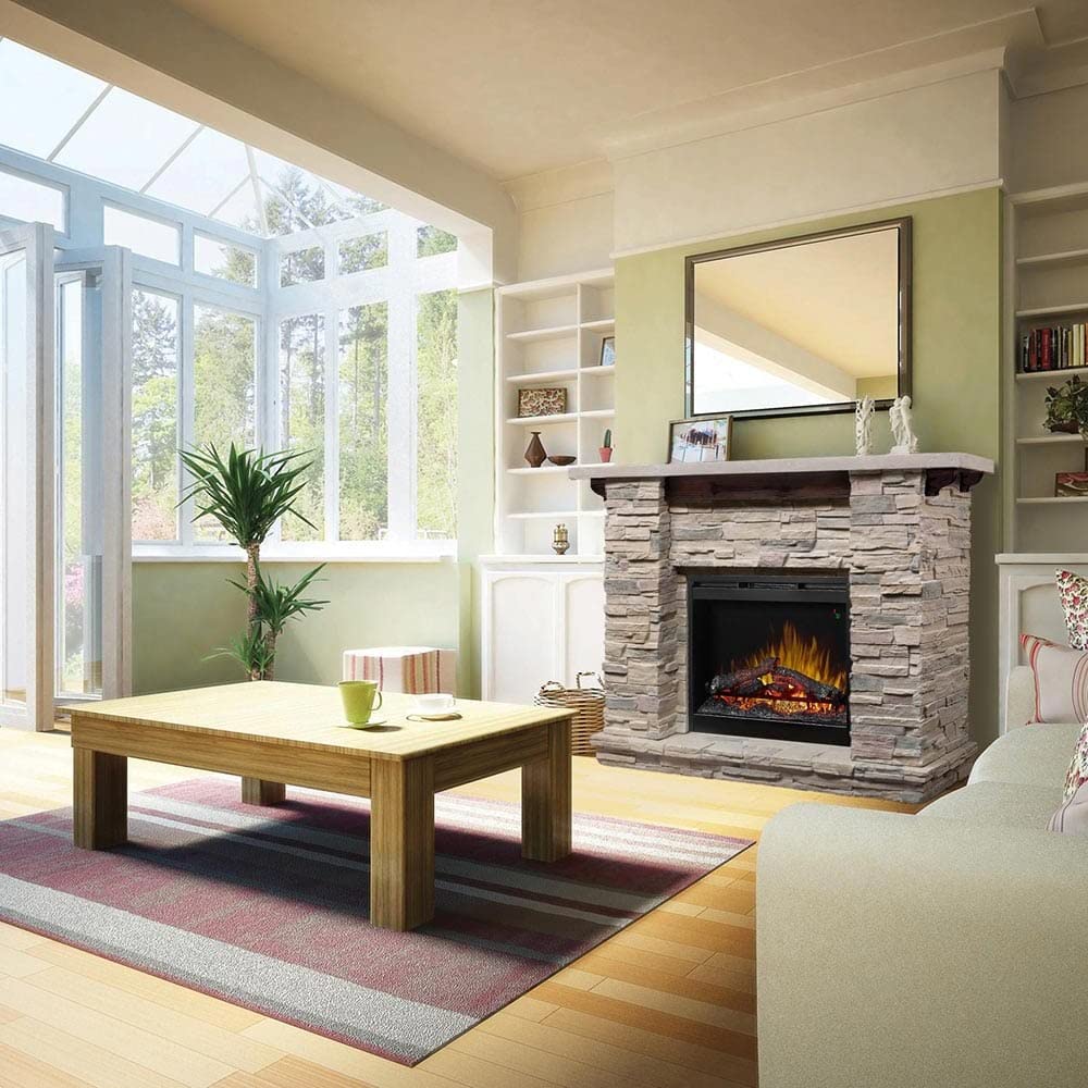 Dimplex Featherston Electric Fireplace with Mantel Surround Package | Pine with Gray Stone-Look, Includes 28" Electric Firebox Heater | 1500W | LED Flames | Remote Control | #GDS28L8-1152LR