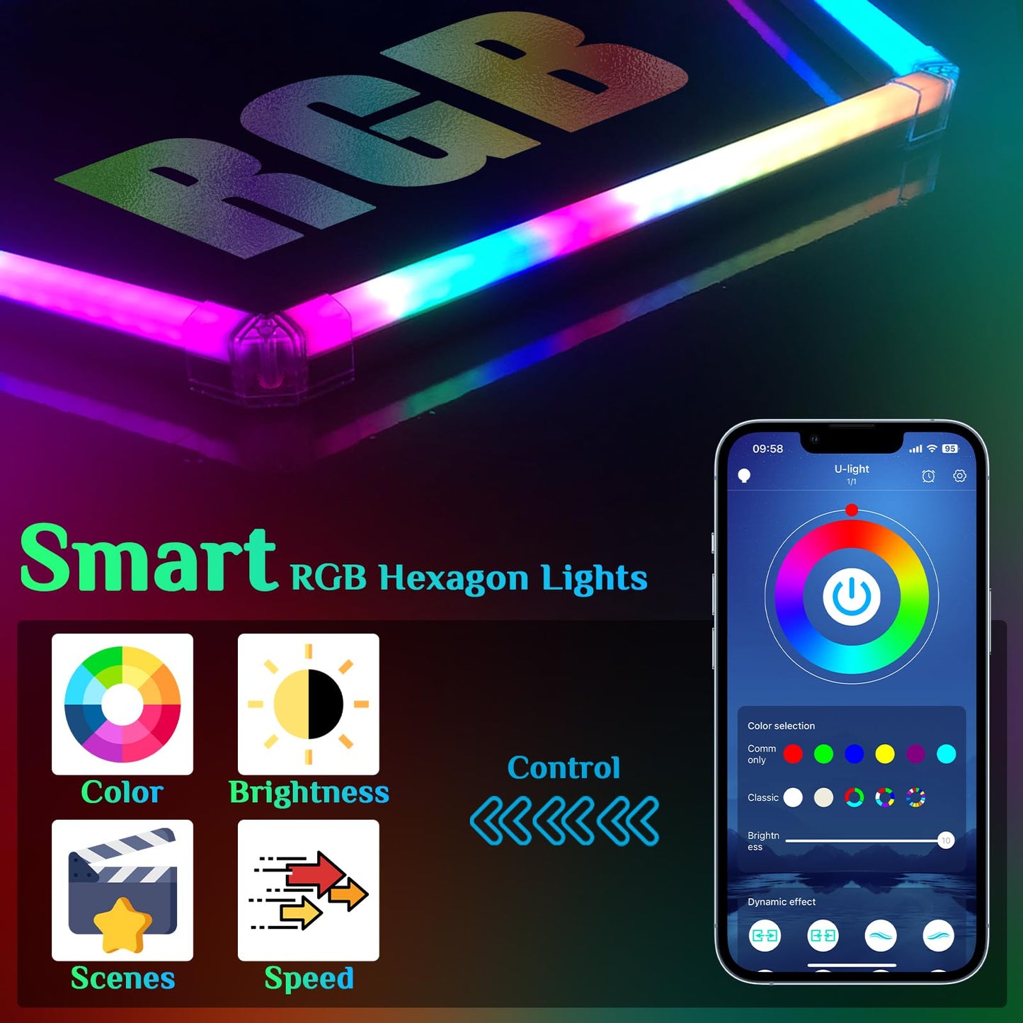 RGB Hexagon Lights - 4 Music Modes Hexagon LED Lights Dimmable, 358 Color Modes, Remote Control, IP54 Waterproof, DIY for Gaming Room, Gym, Party, Bar