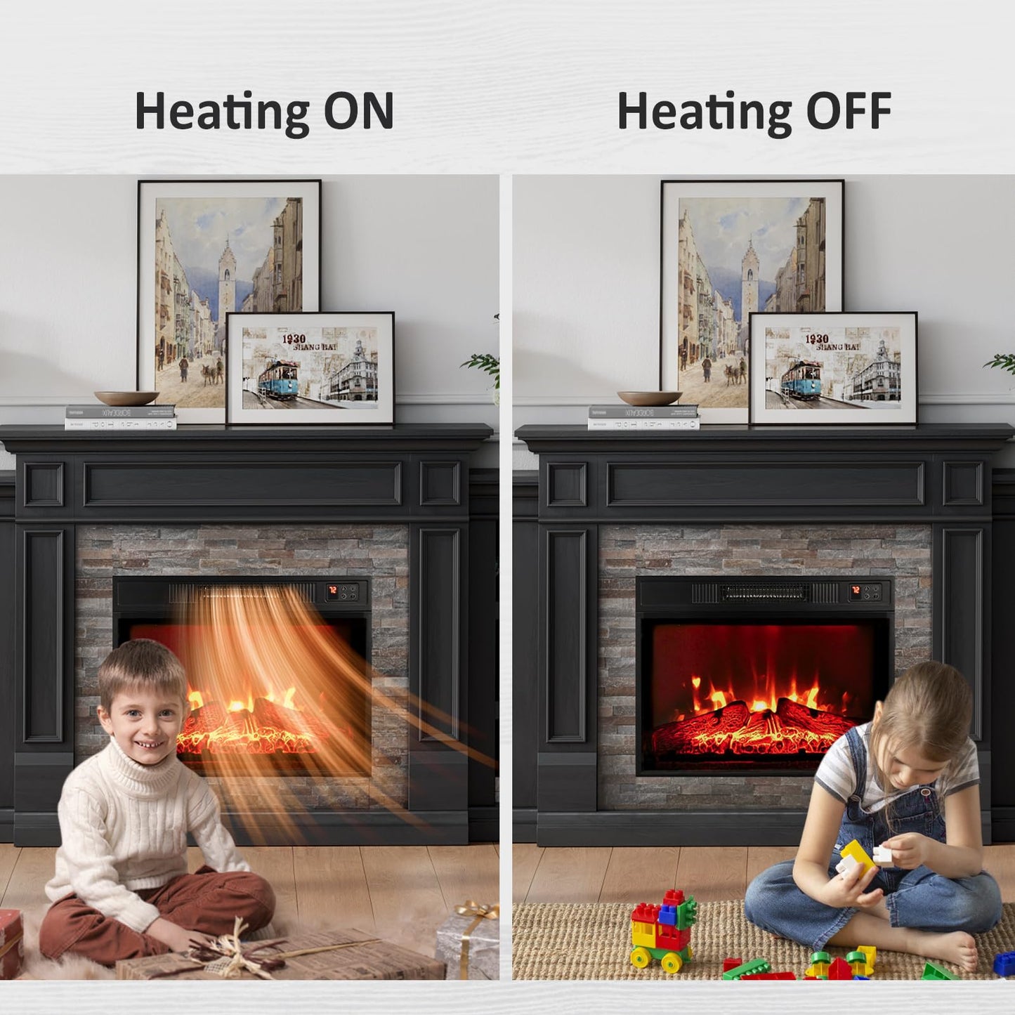 Naice 72" Electric Fireplace with Mantel and Cabinets, Fireplace TV Stand for Living Room Bedroom, Stacked Stone Surround and Remote Control 3D Realistic Flame, Black