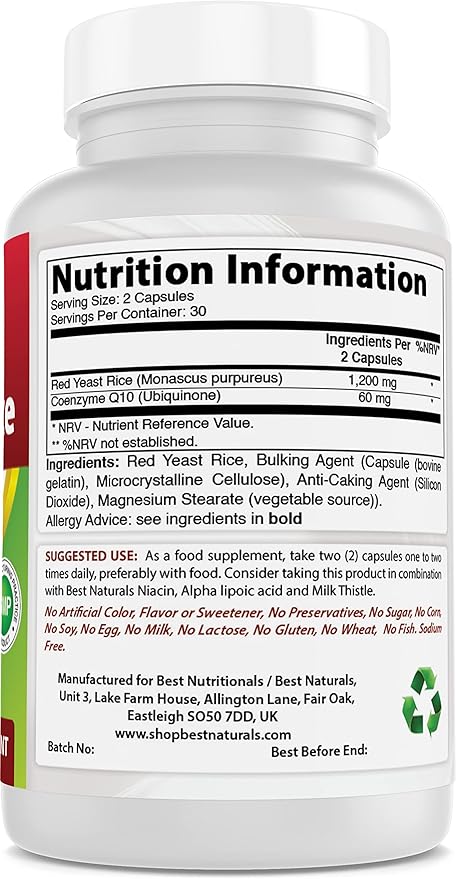 Best Naturals Red Yeast Rice with COQ10 60 Capsules - Contains 600 mg of Red Yeast Rice and 30 mg of CoQ10