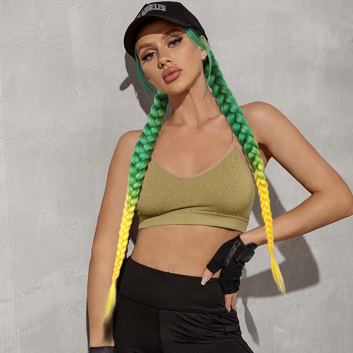 Braided Ponytail Extension With Hair Tie, Straight Wrap with Braid Ponytail Extension Green Yellow Gradient Synthetic Hair Pieces 26 Inch (Green/Yellow#)