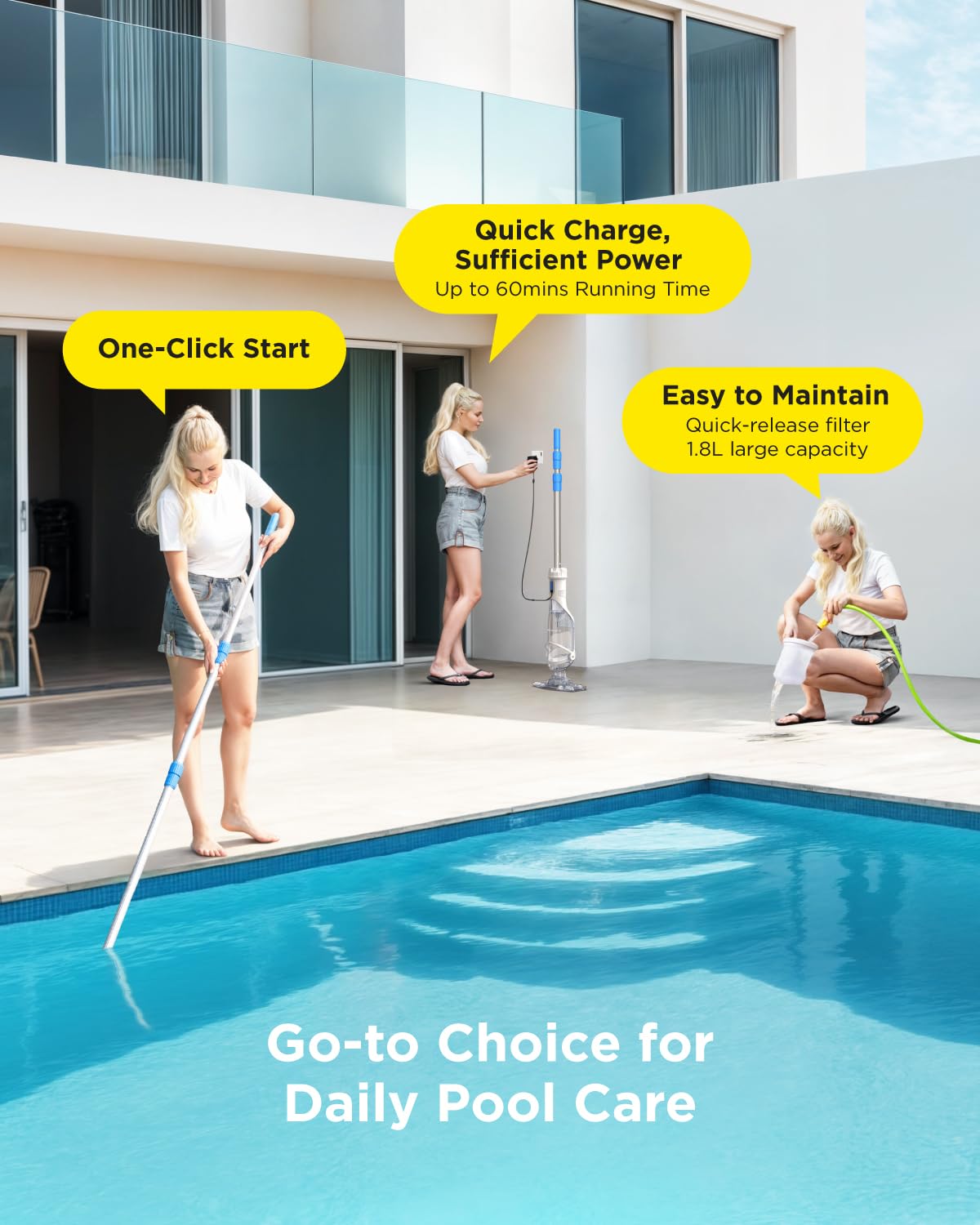 InoKraft Cordless Pool Vacuum Cleaner, Rechargeable, Handheld Pool Vacuum for Above Ground and Inground Pools, Transparent Head, 59” Extendable Pole, for Leaves, Debris, Shallow Steps, Blue