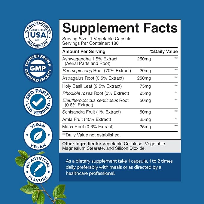 Herbal Adaptogen Mood Support Supplement - Calming Adaptogens Supplement for Stress & Cortisol Management with Ashwagandha Rhodiola Rosea & Maca Root - Vegan Non GMO & Daytime Friendly -180ct