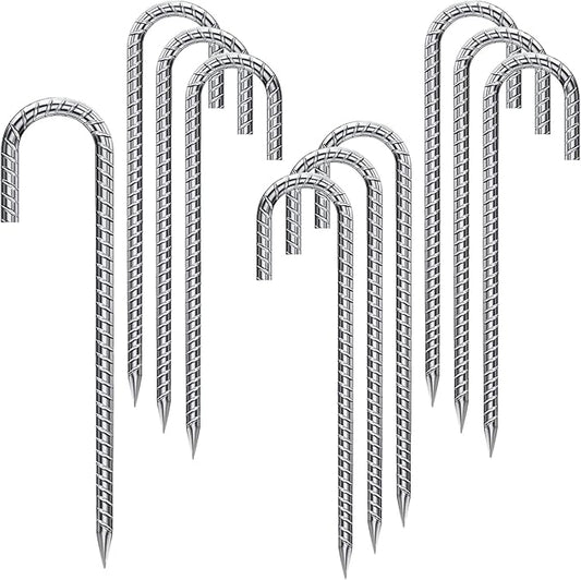 Rebar Stakes 12 Inch 10 Pack Tent Stakes Heavy Duty Metal J Hook, Fence Stakes for Trampoline, Fence, Camping Tent (10, 12")