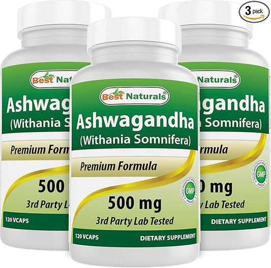 Best Naturals 3 Pack Ashwagandha Capsules for Relaxing Stress and Mood, 500 mg, 120 Count (Total 360 Capsules)