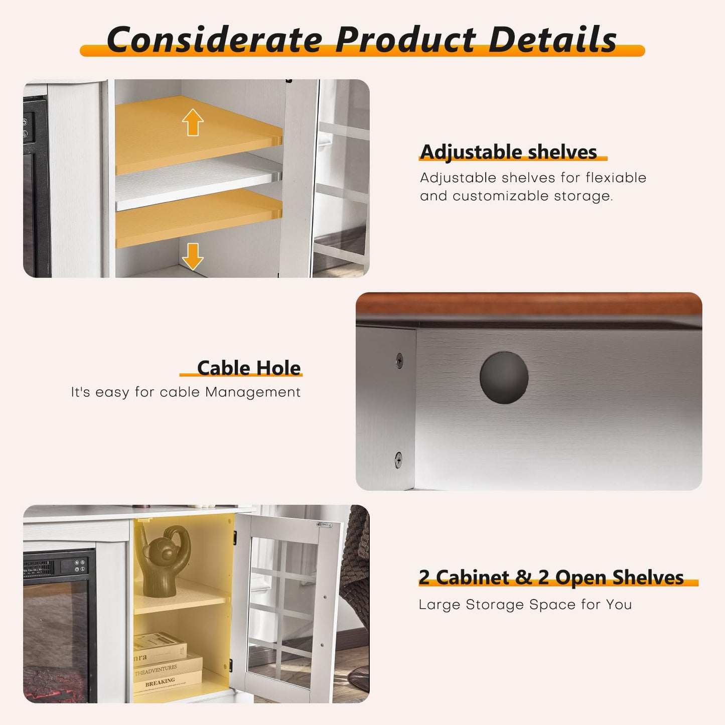 Redlife TV Stand with Fireplace for 65" Television, Entertainment Center with Fireplace Electric Fire Place TV Stand Modern Wood Media Console Cabinet for Living Room Bedroom (White)