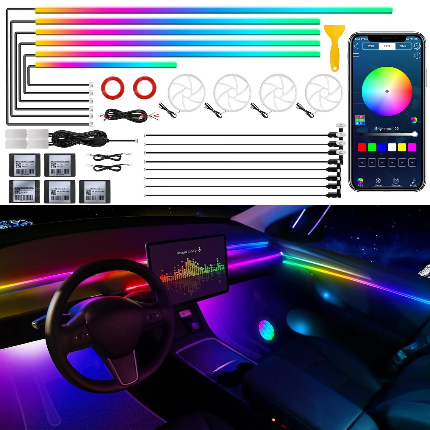 Dreamcolor Acrylic Interior Car LED Strip Light with Wireless APP, RGB 22 in 1 with 175 inches 600 LEDs Fiber Optic Ambient Lighting Kits, Dynamic Chasing Music Sync Neon LED Strip for Car Accessories