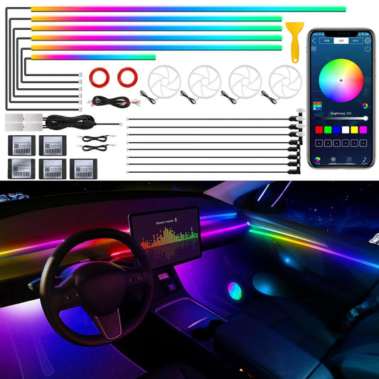 Dreamcolor Acrylic Interior Car LED Strip Light with Wireless APP, RGB 22 in 1 with 175 inches 600 LEDs Fiber Optic Ambient Lighting Kits, Dynamic Chasing Music Sync Neon LED Strip for Car Accessories
