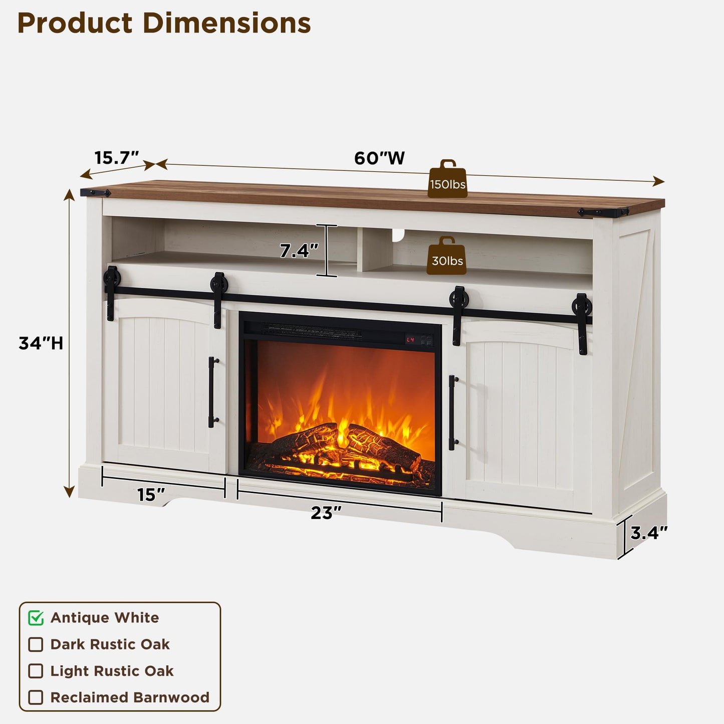 OKD Farmhouse Fireplace TV Stand for 70+ Inch TV, 33" Tall Highboy Entertainment Center w/Electric Fireplace, Rustic Media Console w/Sliding Arched Door for Living Room,Antique White