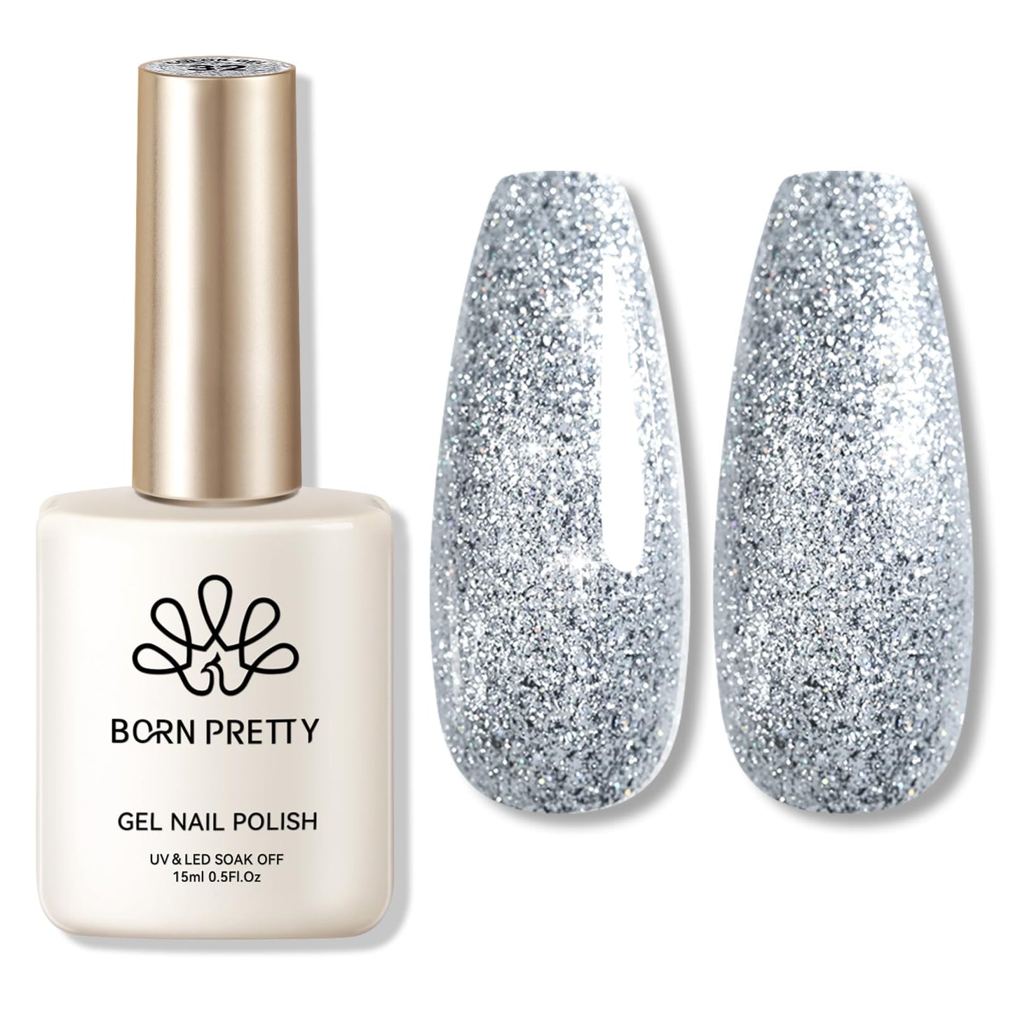 Born Pretty Silver Glitter Gel Nail Polish Christmas Shimmer Sparkly Shiny Silver Hema-Free Gel Polish Nail Art Design Manicure DIY at Home 15ml