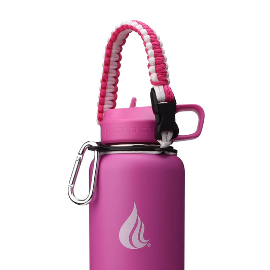 HYDRO CELL Paracord Handle for Wide Mouth Water Bottles - Carrier Strap w/Attachment Ring and Carabiner Accessory. Compatible w/ 64oz, 40oz 32oz, 24oz, 18oz, 14oz Insulated Bottles (Fuchsia/White)