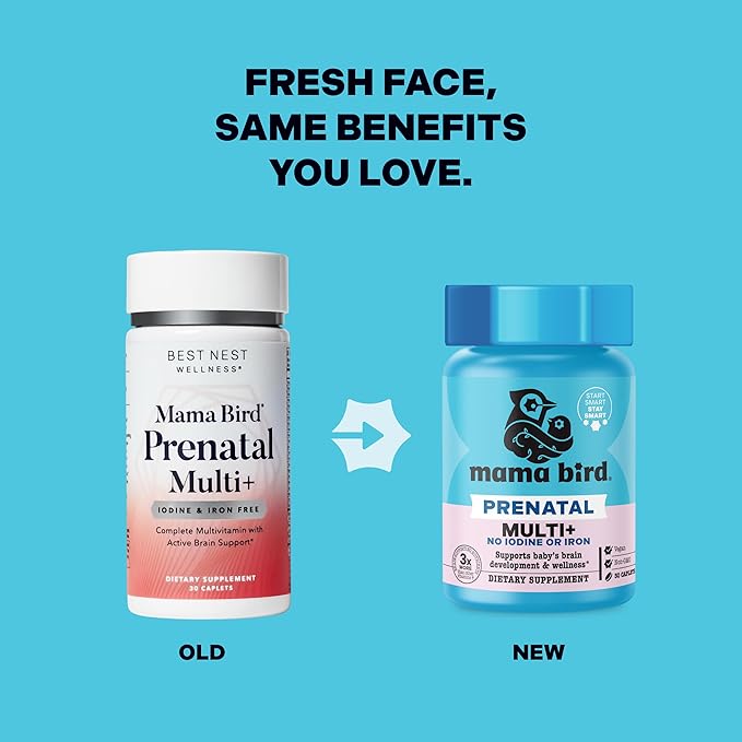 Best Nest Wellness Mama Bird Prenatal Multi Plus Iodine & Iron Free - Prenatal Vitamin for Brain & Digestive Health - Vegan Multivitamin with Methylfolate, Probiotics & More - 30 Caplets
