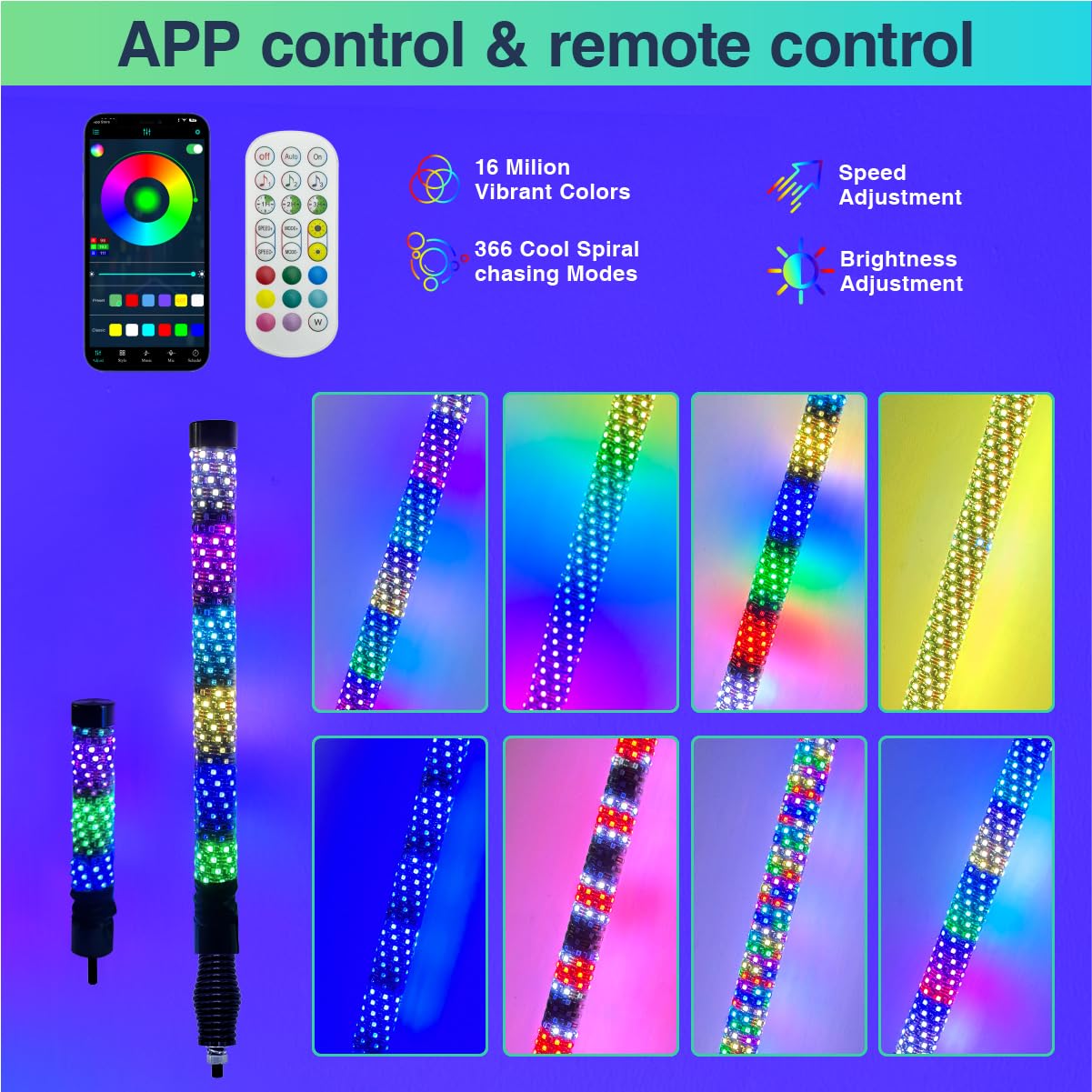 2 Pack 2ft LED Fat Whip Lights, UTV Whip Lights with App & Remote Control, Rocker Switch, Spring Base, Brighter Spiral RGB Chasing Lighted Antenna Whips for Side by Side ATV Can-Am SXS Truck Polaris