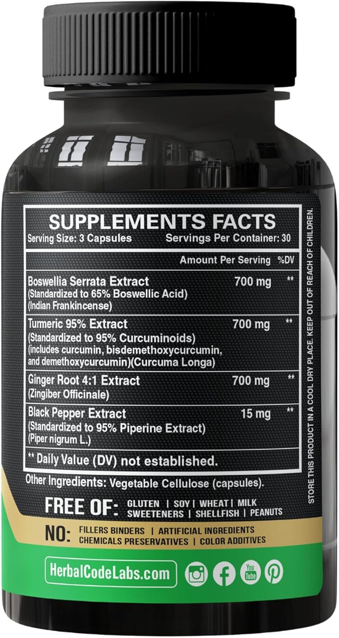 Boswellia Curcumin Ginger Extracts Supplement – Strong 95% Curcuminoids Natural Joint Support Pills – Extra Strength Boswelia with Turmeric Curcumin & Organic Ginger Supplement