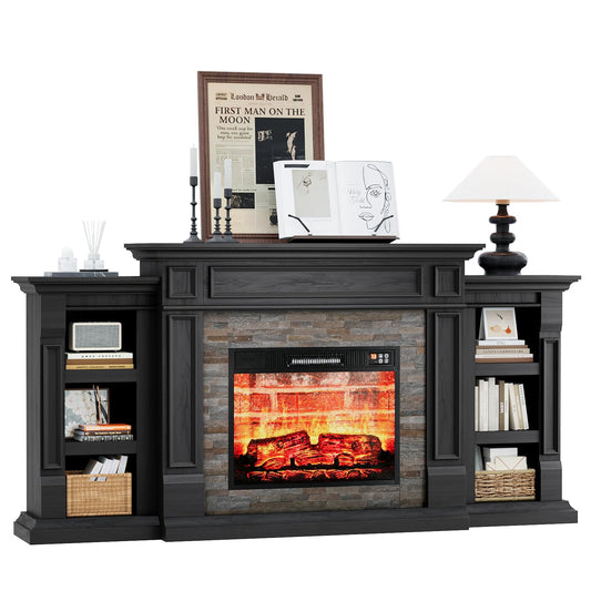 LGHM 72" Fireplace TV Stand for TVs Up to 80 Inch, Electric Fireplace with Mantel, Modern Entertainment Center with Storage, Realistic 3D Flame Effect and Stacked Stone Surround Design for Living Room