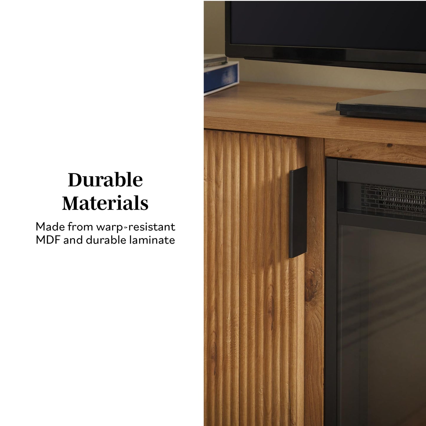 Walker Edison Arundo Reeded TV Stand with Fireplace & Storage, 70" Fireplace, English Oak